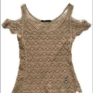 Vertigo Cold Shoulder Open Knit Blouse Tan Small/Medium
